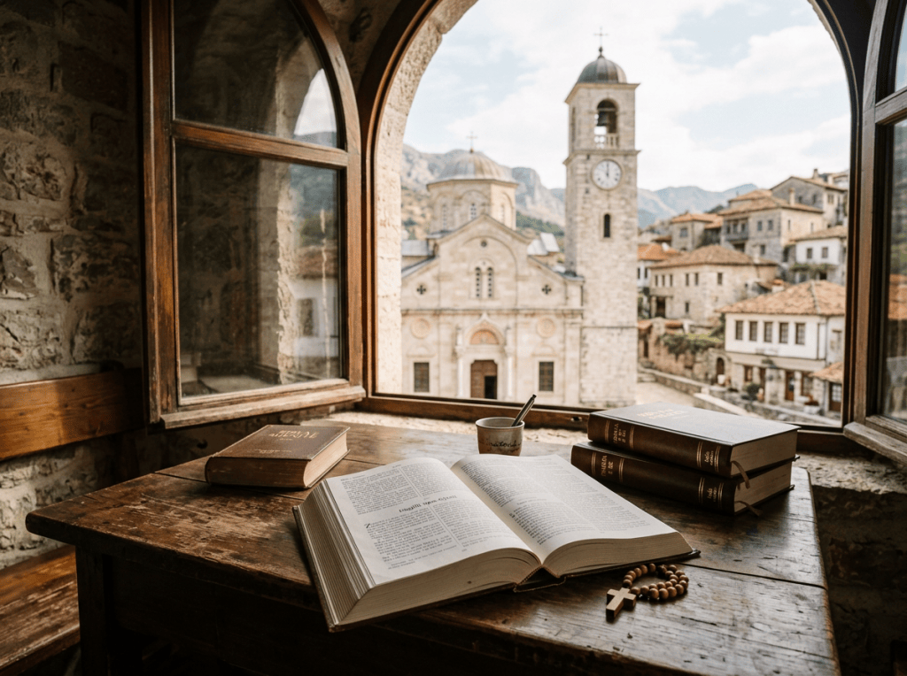 Open Bible and rosary on table overlooking a historic church