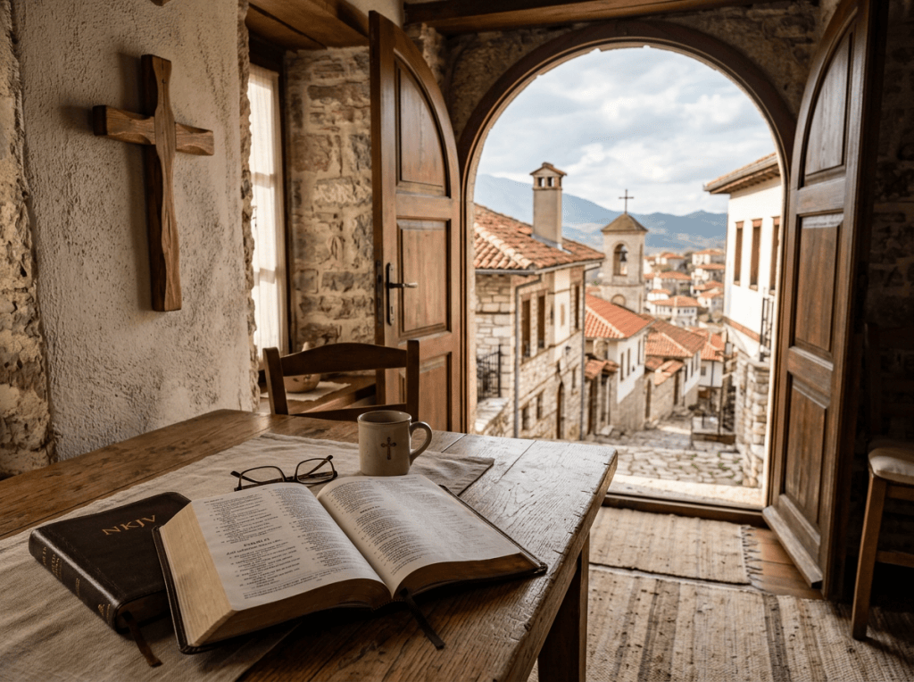 Open Bible marked NKJV beside coffee and glasses overlooking a village