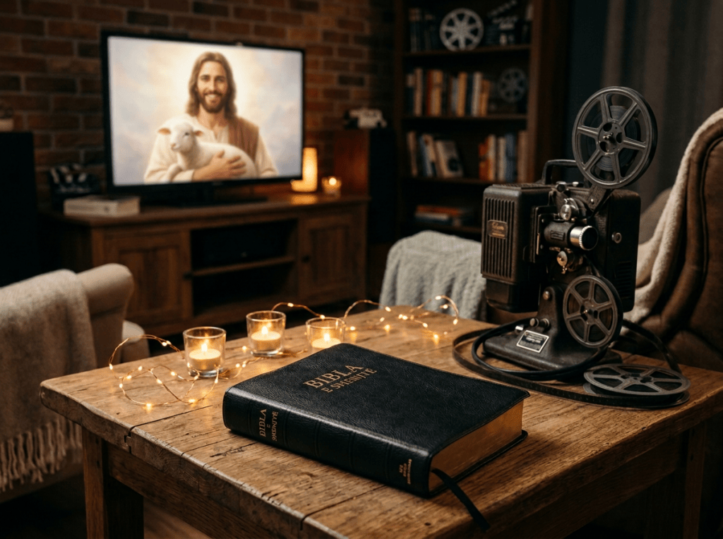 Bible labeled “BIBLIA” beside candles, film projector, and television showing Jesus with a lamb