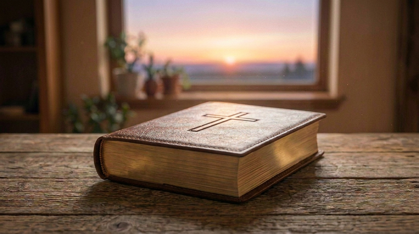 Open book on a wooden table beneath a sunset window