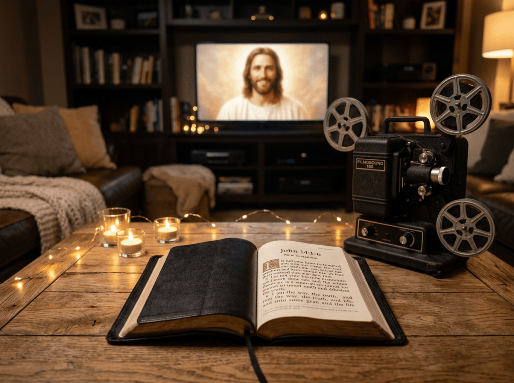Open Bible beside a vintage film projector, candles, and television displaying Jesus