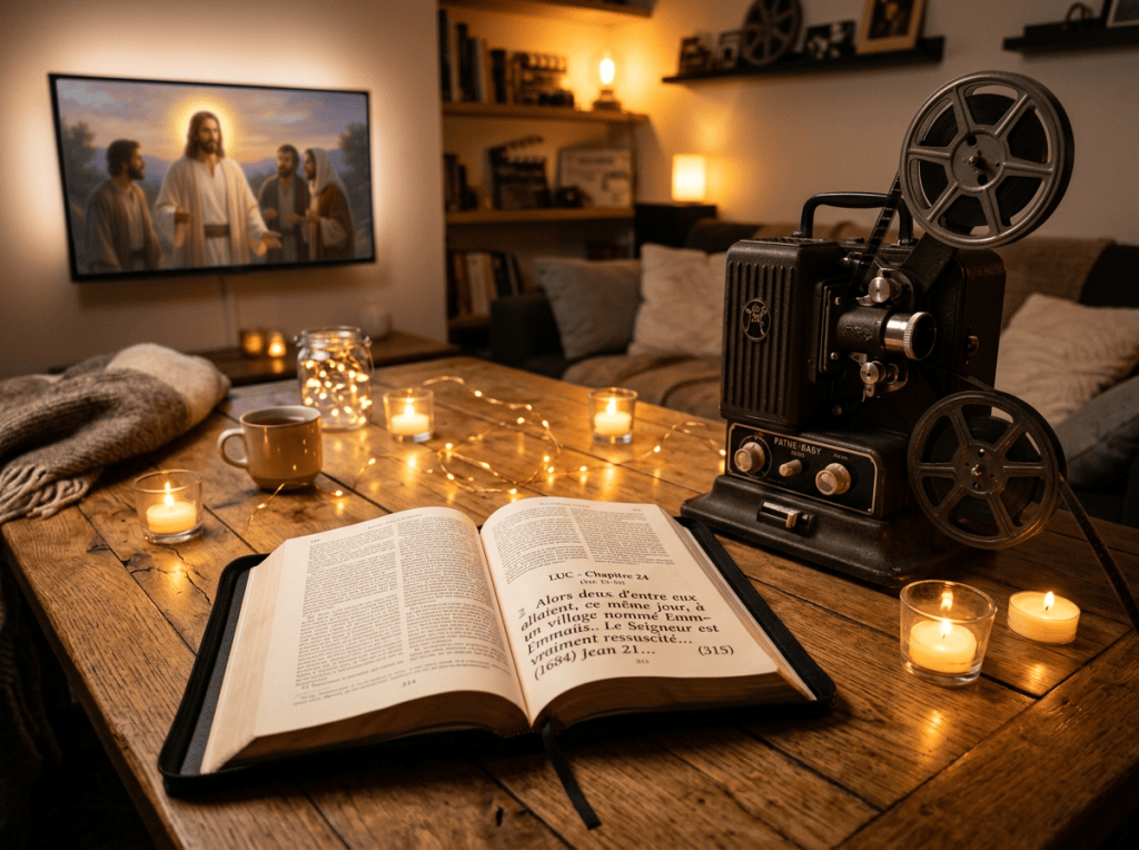 Open Bible beside vintage film projector, candles, and a television showing Jesus