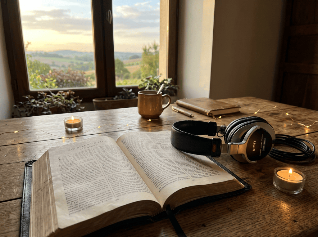Open French Bible with headphones in warm study